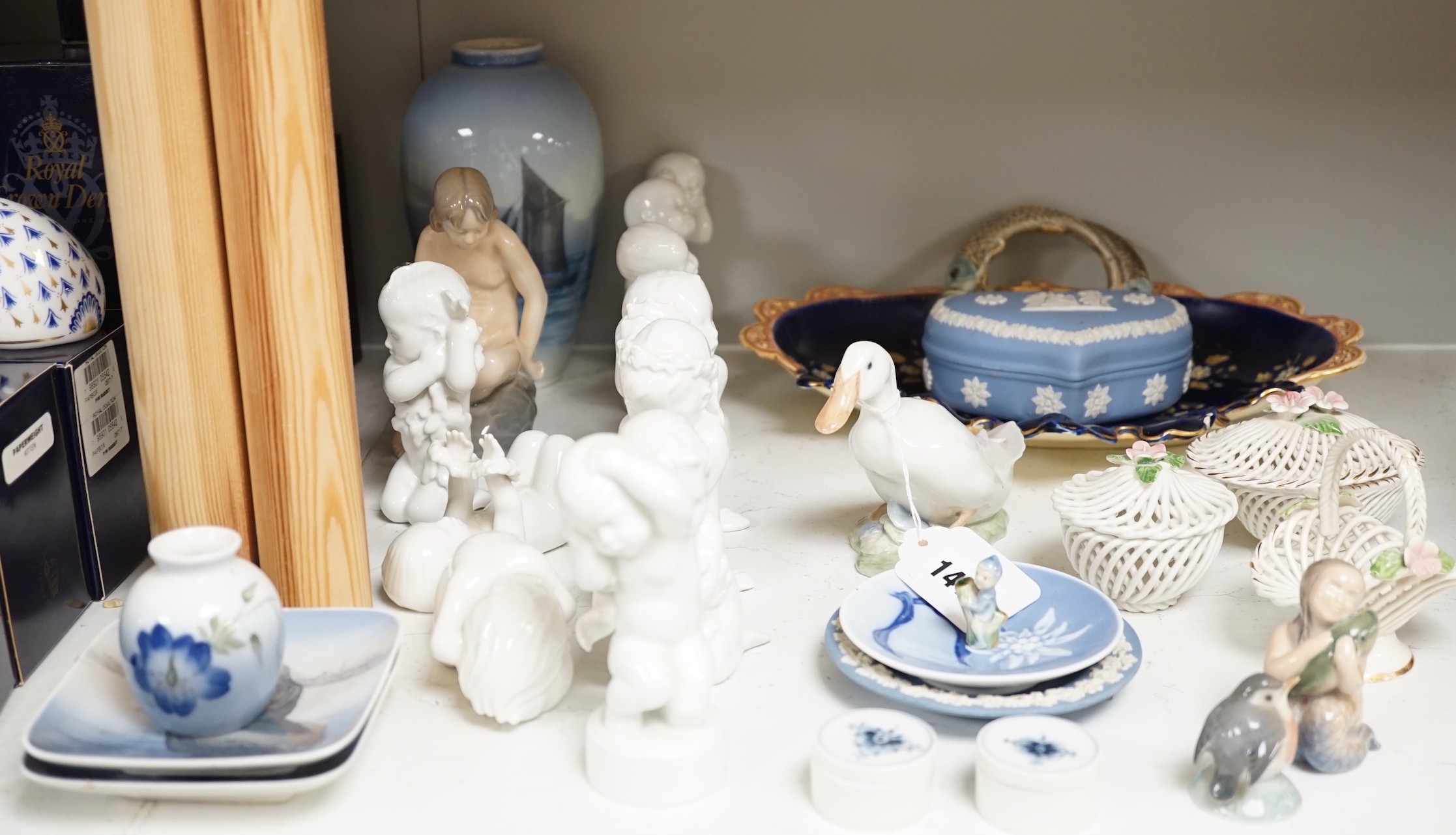 A Royal Copenhagen vase, various dishes and four ornaments, ten Bing & Grondahl figures, two Wedgwood jasperware pots and other ceramics, tallest 18cm